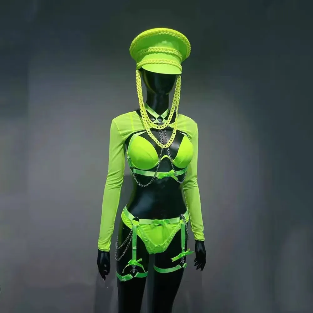 Seksowny zespół taneczny DJ Gogo Kostium festiwalowy Odzież damska Piosenkarka Bar Koncert Pokaz sceniczny Zielony strój bikini z kapeluszem