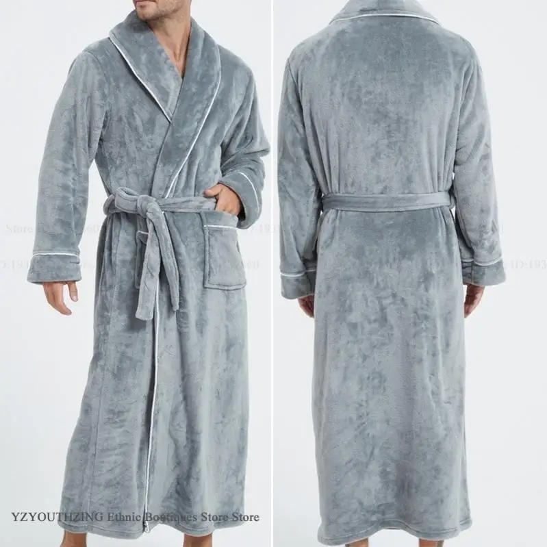 

Winter New Thicken Flannel Long Robe Men's Sleepwear Loungewear Warm Coral Fleece Kimono Bathrobe Gown Loose Home Clothes Pajama