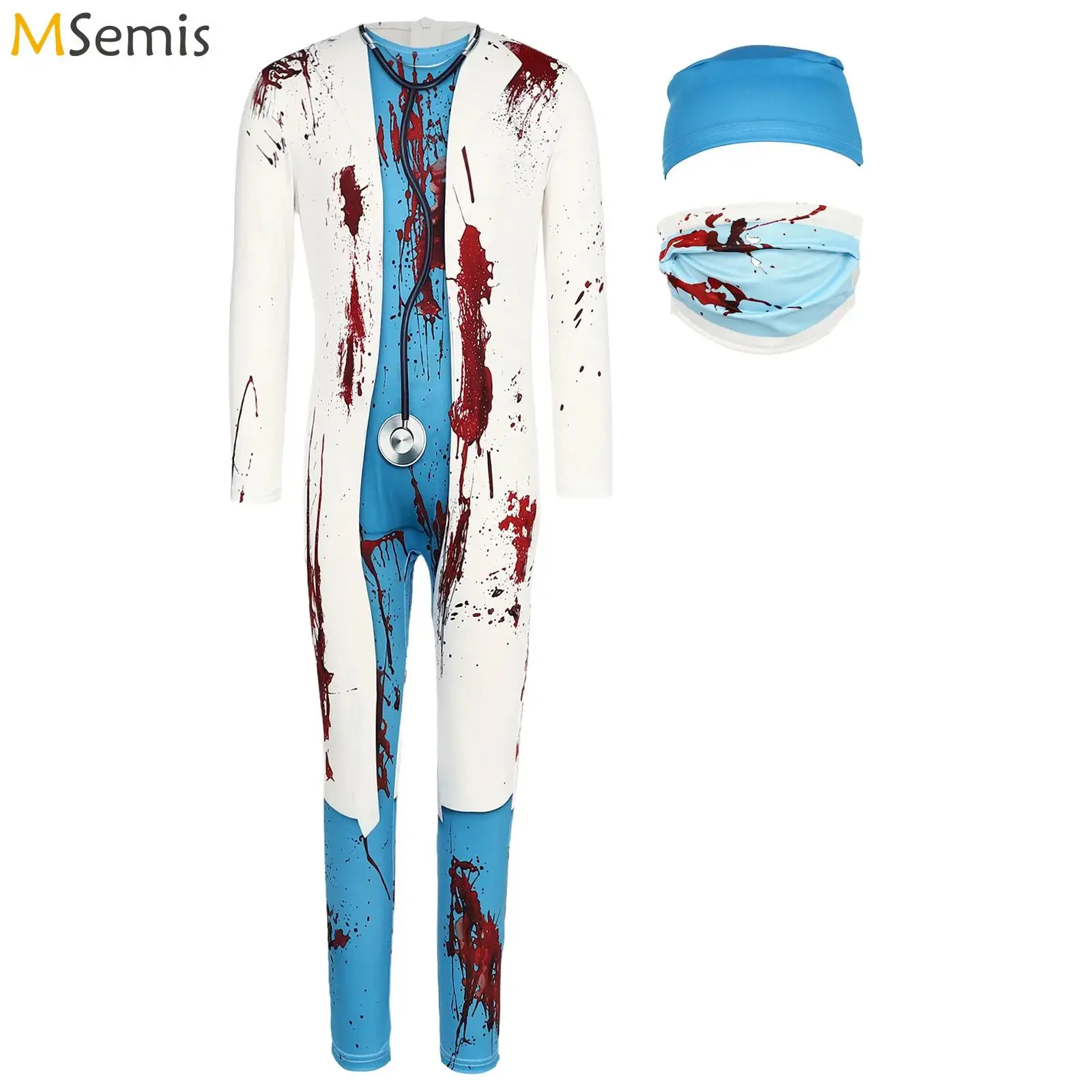 

Kids 3Pcs Zombie Surgeon Surgical Costume Bloody Doctors Halloween Cosplay Jumpsuit with Matched Mask And Cap Carnival Dress Up
