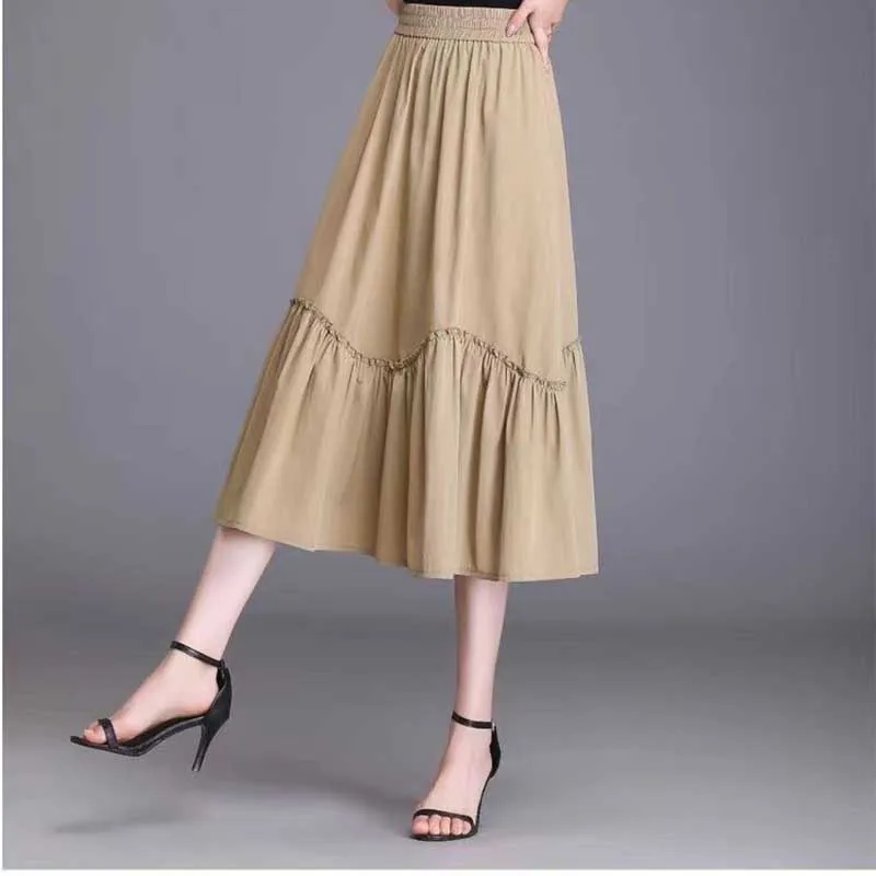 Mode Effen Kleur Elastische Taille Zakken Gesplitst Ruches Rokken Dameskleding 2024 Lente Zomer Losse Casual Hoge Taille Rok