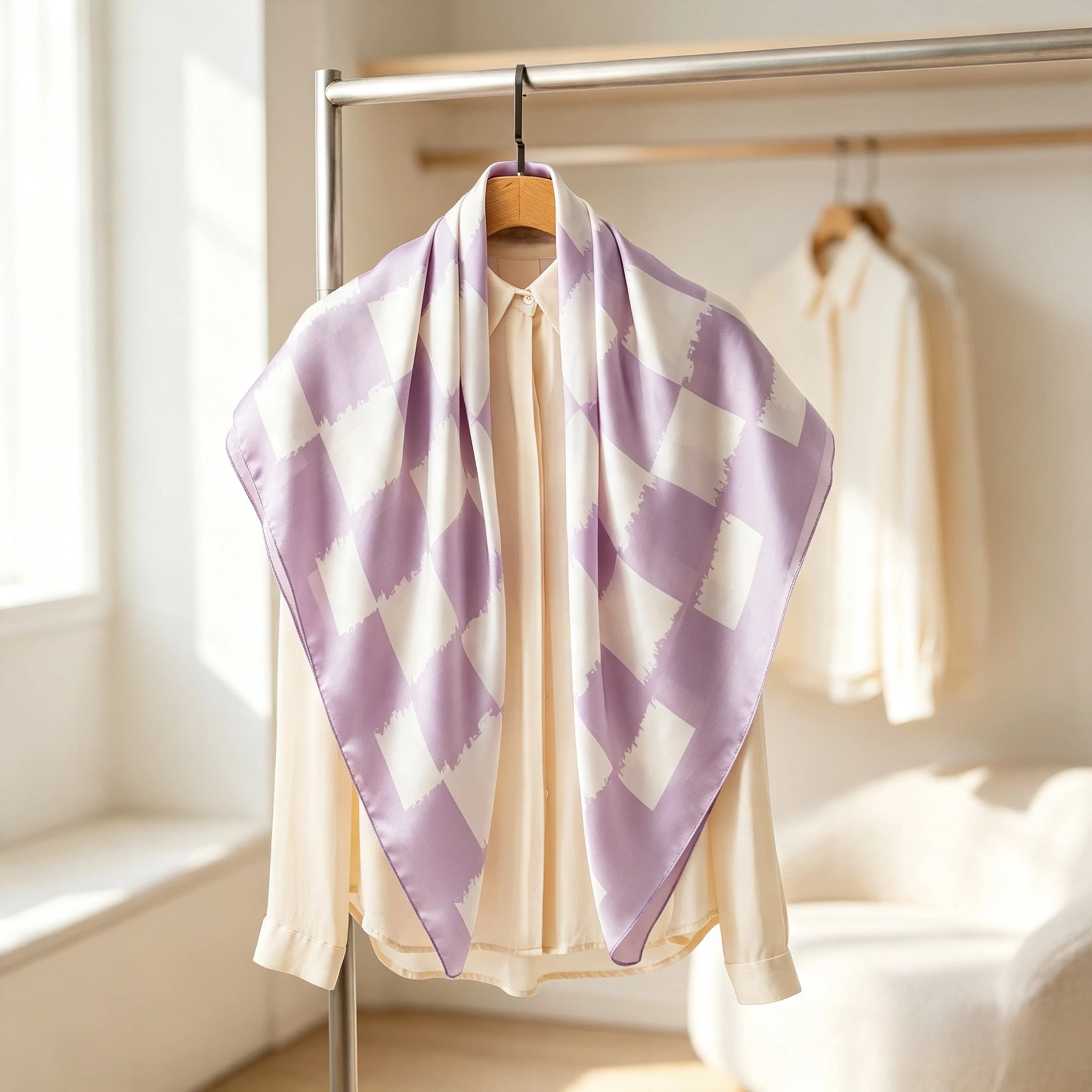 Purple Checkerboard Silk Scarf Female Korean Version Square Scarf Versatile Professional Scarf Thin Decorative Scarf High Sense