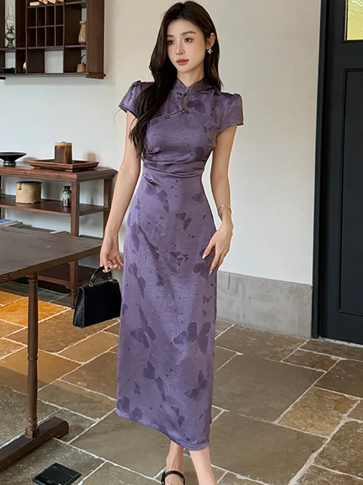 Verão verde impressão cetim gola cheongsam vestido feminino elegante vestido longo de luxo 2025 coreano vintage bodycon vestido de noite