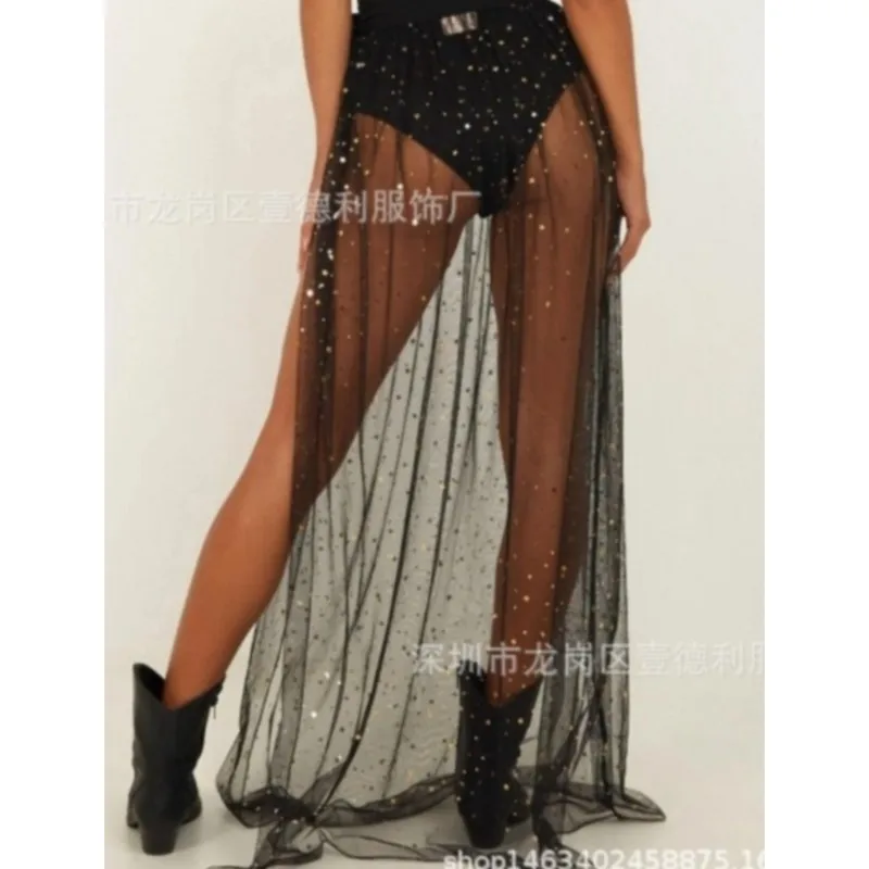 Women Black Sexy Mesh Bikini Beach Skirts Ladies Summer Sequin Split Lace-up Skirt Large Beachwear Shiny Sarong Female New Skirt
