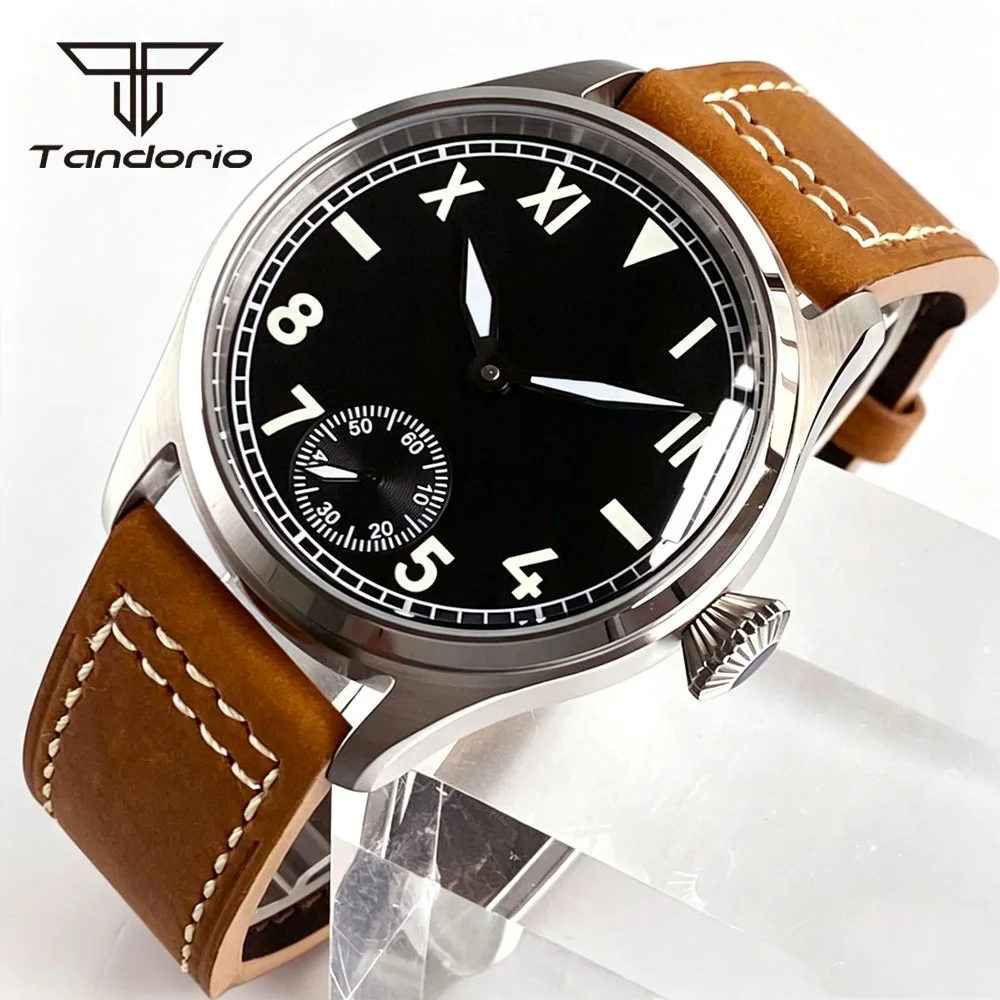 Tandorio Mechanical Retro 42mm Pilot Watch for Men ST3621 Movt California Dial Sapphire Glass Hand-Winding Wristwatch Clear Back