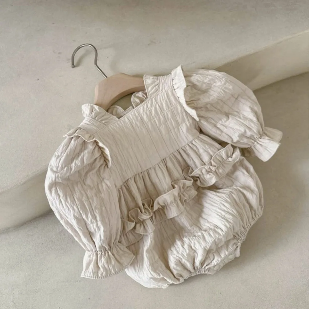 Autumn New Girls Baby Waffle Grid Lace Collar Rompers Girls' Bag Fart Clothes Baby Bubble Sleeves Long Sleeve Jumpsuit