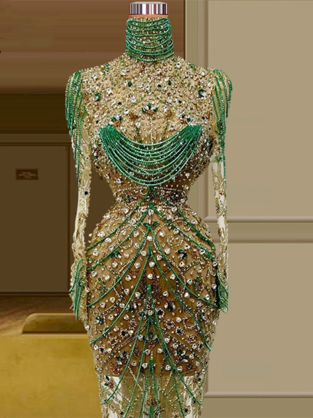 Illusion High Neck Stunning Evening Dress Exquisite Customized Exquisite Straight Party Formal Occasions Beaded Prom Gown