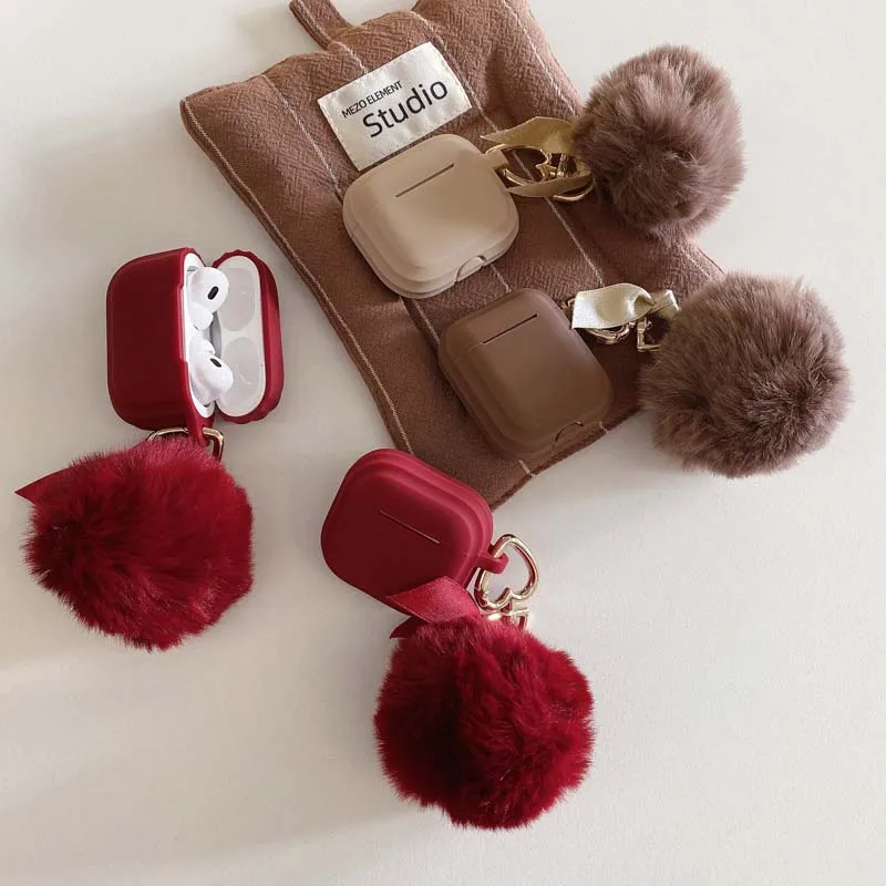 Funny Fur Wine Red Hair Ball Fluffy Plush Warm Cases for Airpods Pro 3 2 1 4 Air Pods Pro2 2nd 3rd Cute Earphone Air Pods 4 Case