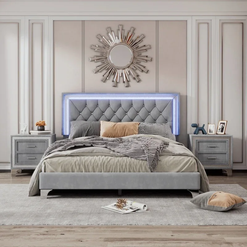 Creativity 3-Pieces Bedroom Sets,Queen Size Upholstered Platform Bed With LED Lights And Two Nightstands-Gray