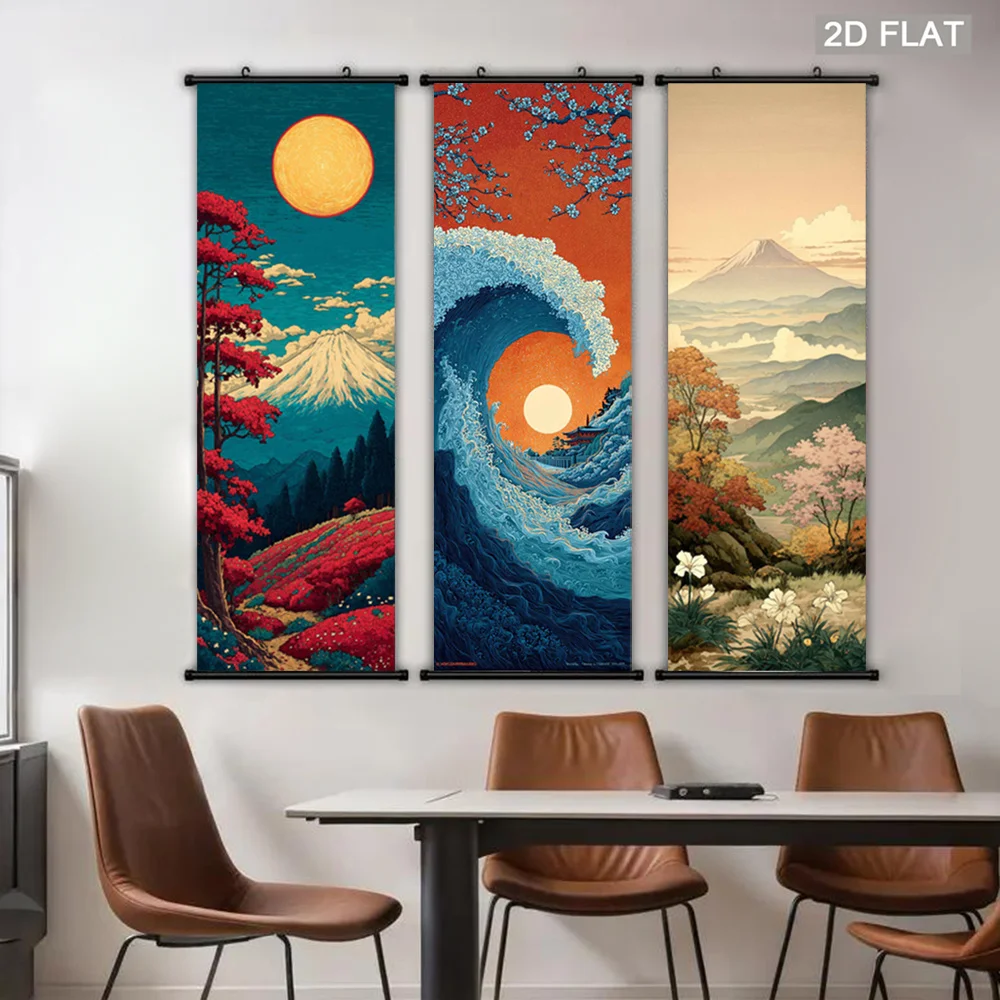 VIKAMA Japanese Scroll Tapestry, Mount Fuji Kanagawa Hanging Poster, Wall Art for Living Room Decor