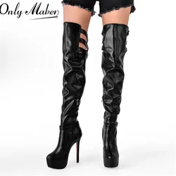 Onlymaker stivali sopra il ginocchio femminili tacco alto sottile nero opaco cerniera laterale moda donna stivali invernali alla coscia