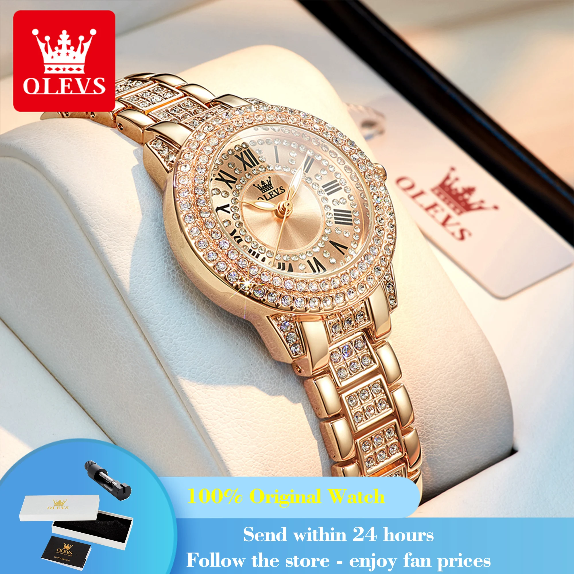 OLEVS 9943 Quartz Woman Watch Roman Scale Original Waterproof Elegant Ladies Wristwatch Diamond Steel Strap Watch For Women