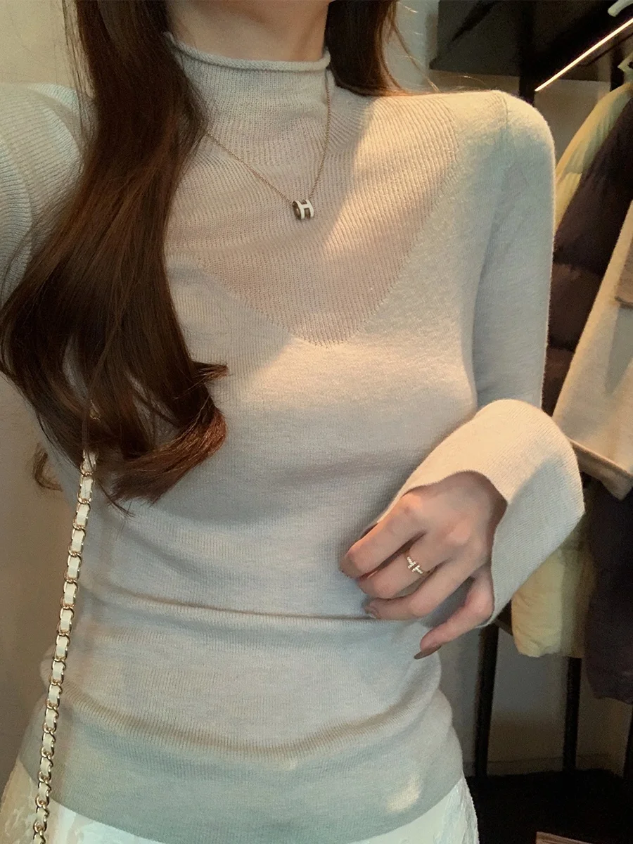 

Женская модная зимняя базовая кофта MUKOK Slim Fit из шерстяного трикотажа с высоким воротником, мягкими эластичными рукавами и длинными рукавами