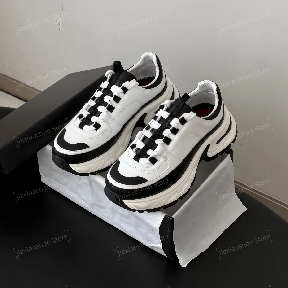 Newest Color Genuine Leather Round-Toe Thick Sole Lace-Up Sneakers Shoes Casual Tennis Shoes Mix Colors Athletic Shoes