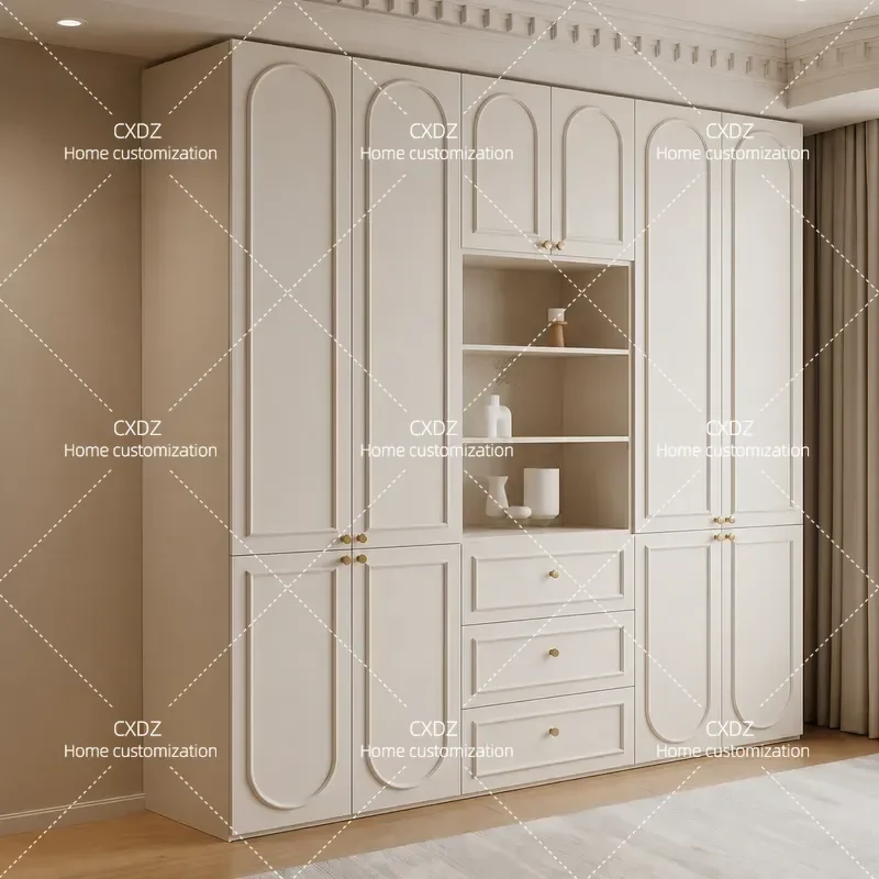 Oak Solid Wood Wardrobe Cabinet Custom Home Bedroom Cream Style Belt Open Grid Storage Closet