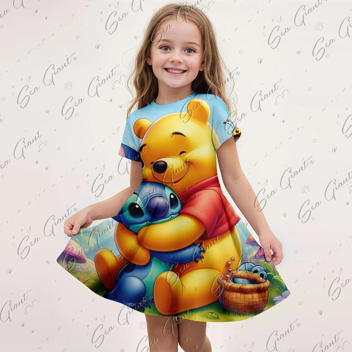 New MINISO Summer Girls Pooh Bear 3D Printing Princess Dress Fashion Cartoon Cute Dress Kids Funny Short Sleeve Cosplay Clothing