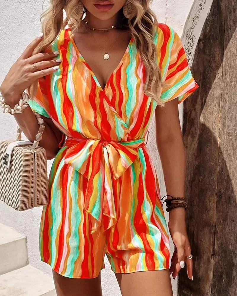 Summer Short Jumpsuit Women 2023 Fashion Rompers Abstract Stripe Print V-Neck Short Sleeves Tied Detail Casual Women Playsuits