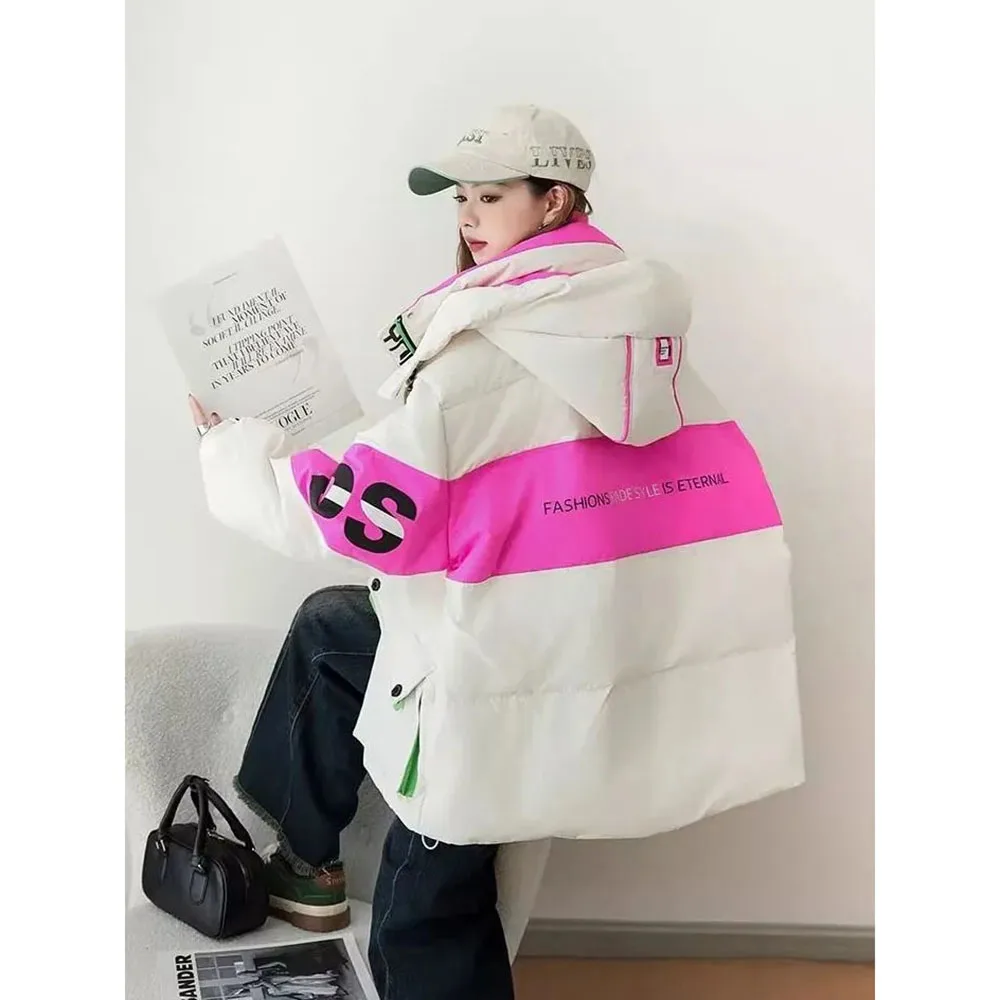 Winter Hooded Women Parkas Puffer Jackets Loose Hooded Thicken Warm Coat Fashion Pocket Spliced Female White Cotton Outerwears