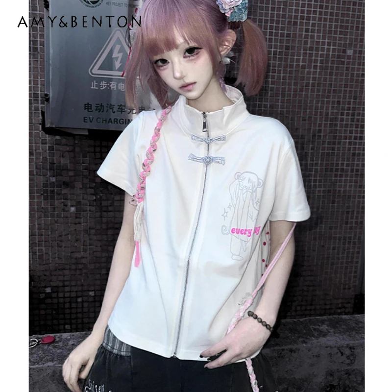 

2025 Summer New Chinese Style Button Women's Short Sleeve T-Shirt Original Design Slimming Hot Girl Zipper Top T-Shirts Ladies