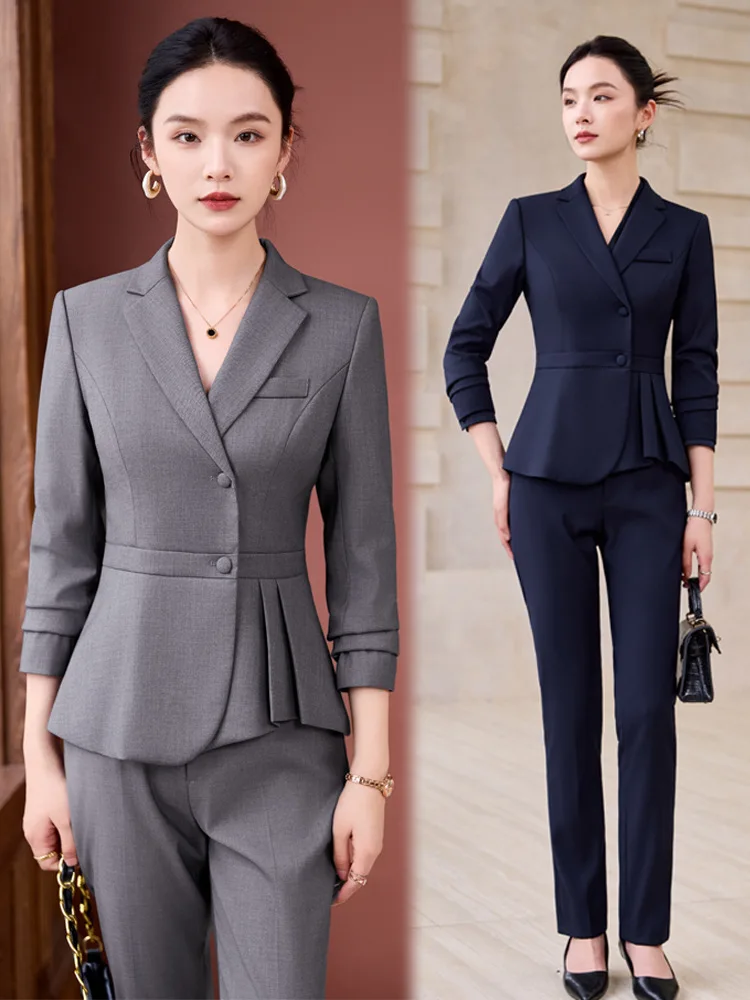 High-end professional women's suit set for autumn, elegant hotel receptionist workwear, long-sleeved blazer for jewelry store