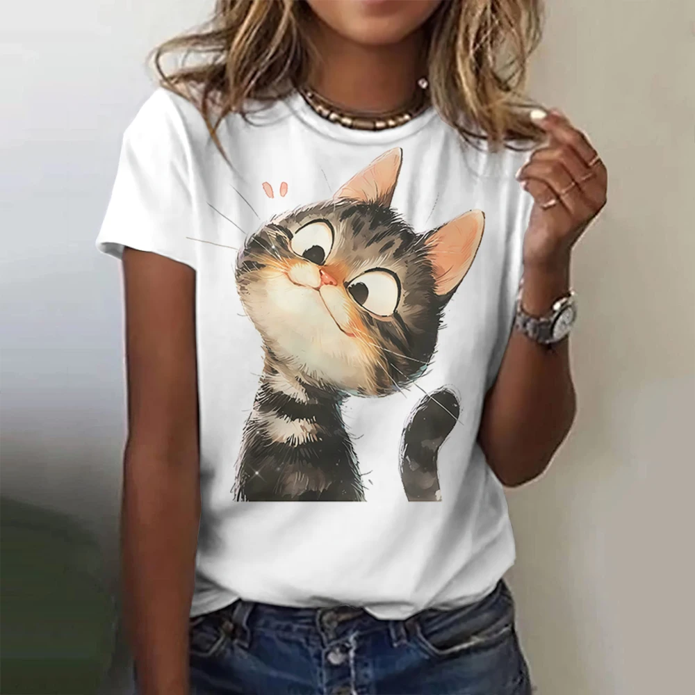 2024 Summer Women\'s Kawaii Cat Print T-shirt  Plus Size Top Trend Harajuku Clothing Crew Tee Female Short Sleeve Shirt