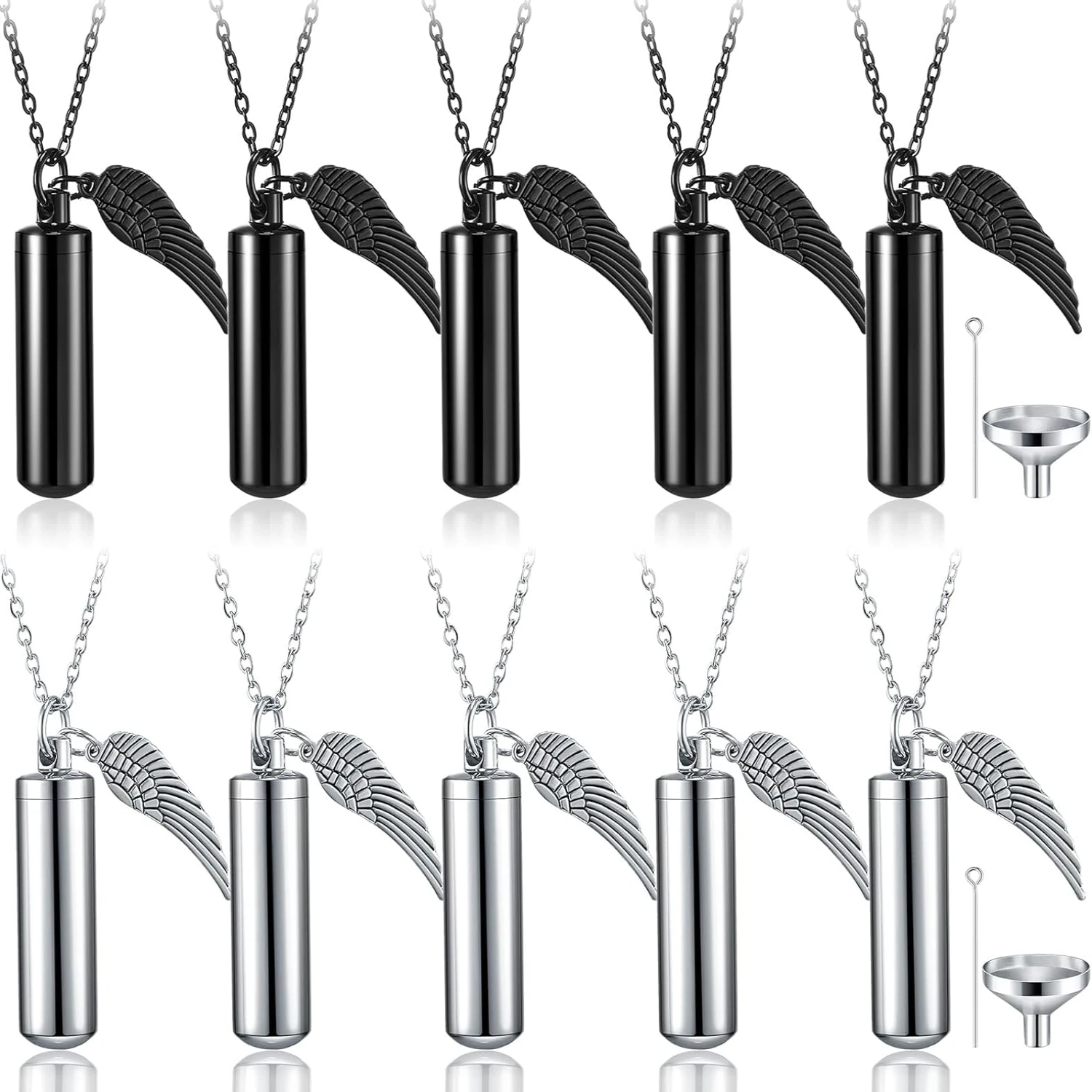 Stylish 10 Pieces Angel Wing Cylinder Stainless Steel Cremation Urn Necklace Set for Women Men - Memorial Keepsake Ash Pendant -