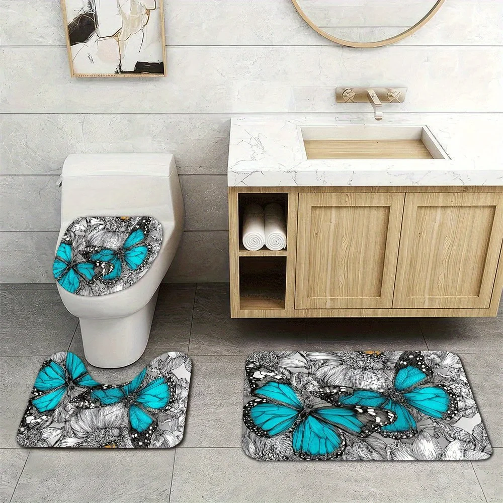 Decorative Butterfly Blue Pattern Bath Mat Set 3pcs Bathroom Rug for Toilet and Shower Mat Home Decor Floor Accessories