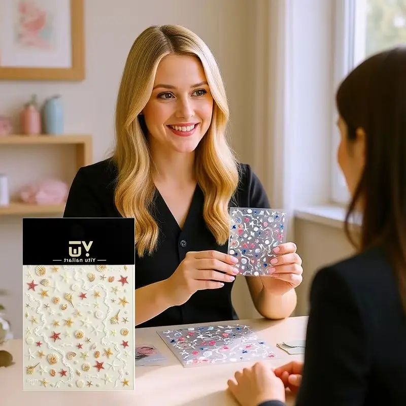 1 vel 5D Glanzende Reliëf Zeester Nagels Stickers Zomer Schelp Nail Sticker Bohemen Strand Zee Conch Nail Decals Decoratie