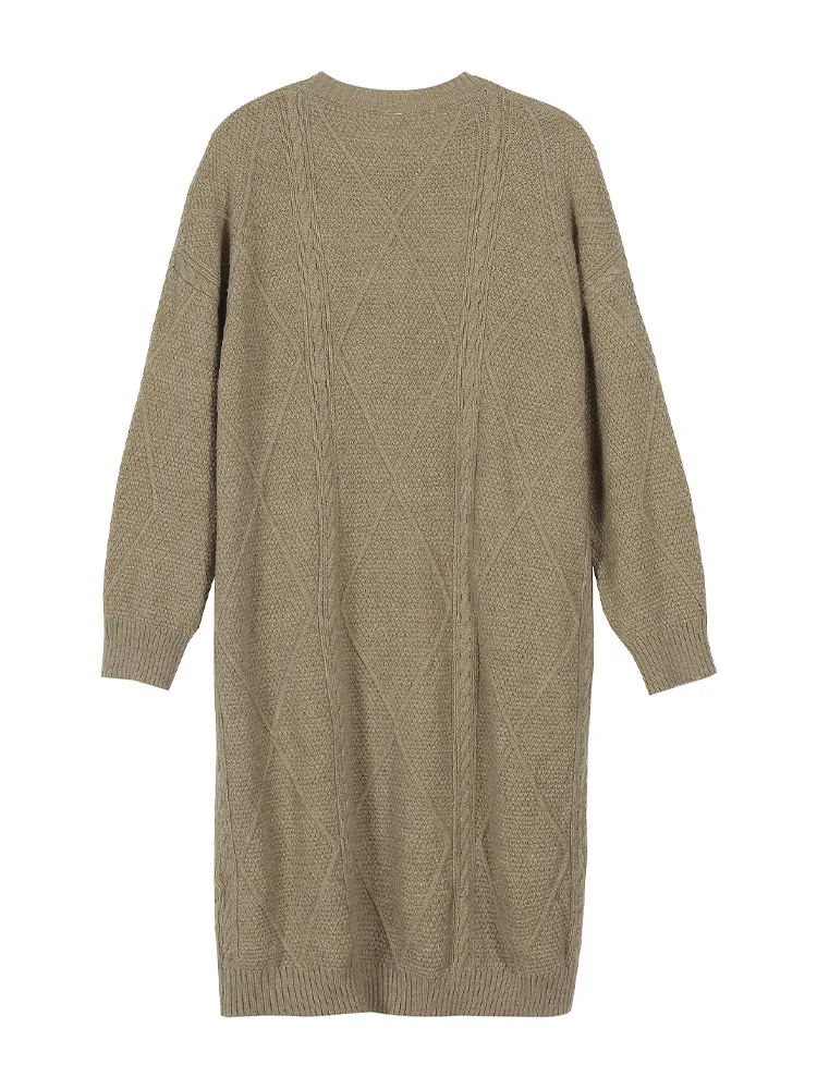 جديد حجم كبير الرقبة المستديرة كابل متماسكة فضفاضة ميدي فستان فوقي اليومية مريحة المرأة سترة الخريف الشتاء الدافئة الكاكي الملابس النسائية