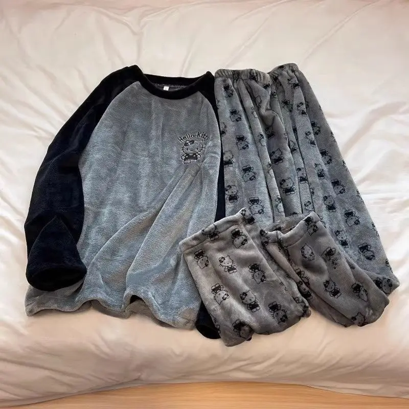 

Sanrio Hello Kitty пижамный комплект Kawaii мультфильм зимняя женская теплая одежда для сна с длинными рукавами и брюками ночная рубашка коралловый флис домашняя одежда