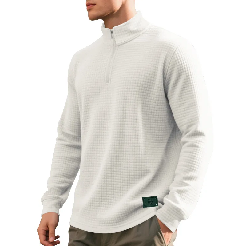 Men Waffle Knit Quarter Zip Pullover, Mock Neck Long Sleeve Shirt With Small Label Decor, Casual Business Tops For Men Multi‑Col