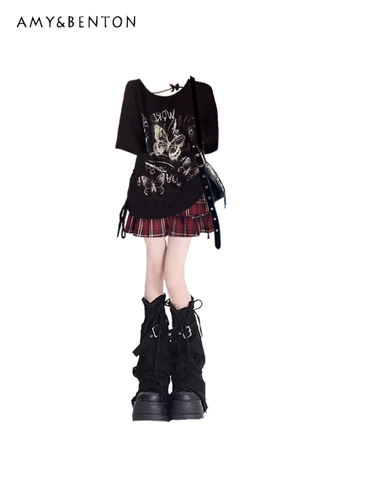 

2025 Summer New Spice Girl Crew Neck T-shirt Top High Waist Plaid Short Print Skirt Cool Short-sleeved Versatile Short Skirt