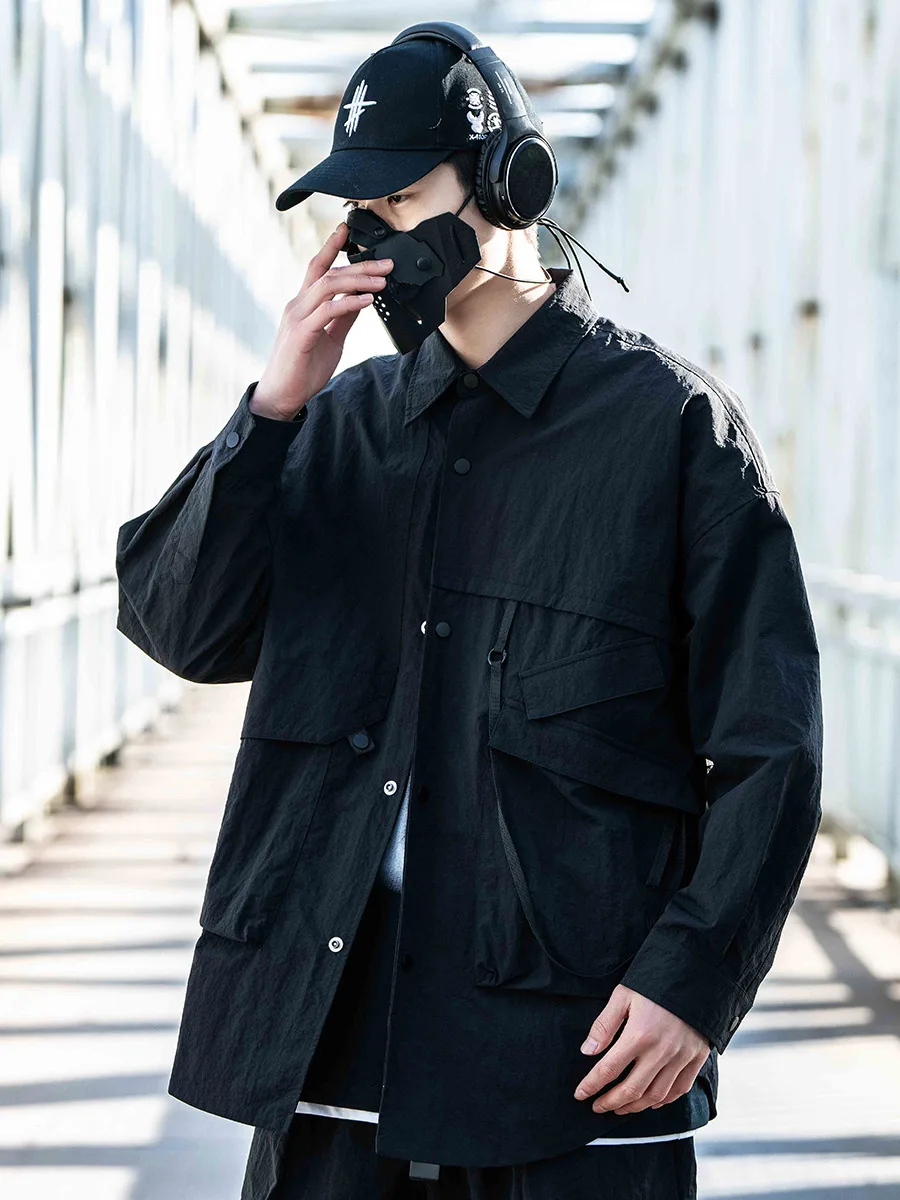 AOGZ Trendy Patchwork Long Sleeve Shirt Jacket for Couples Spring Season Multi Pocket Workwear Style Loose Fit Polyester Nylon