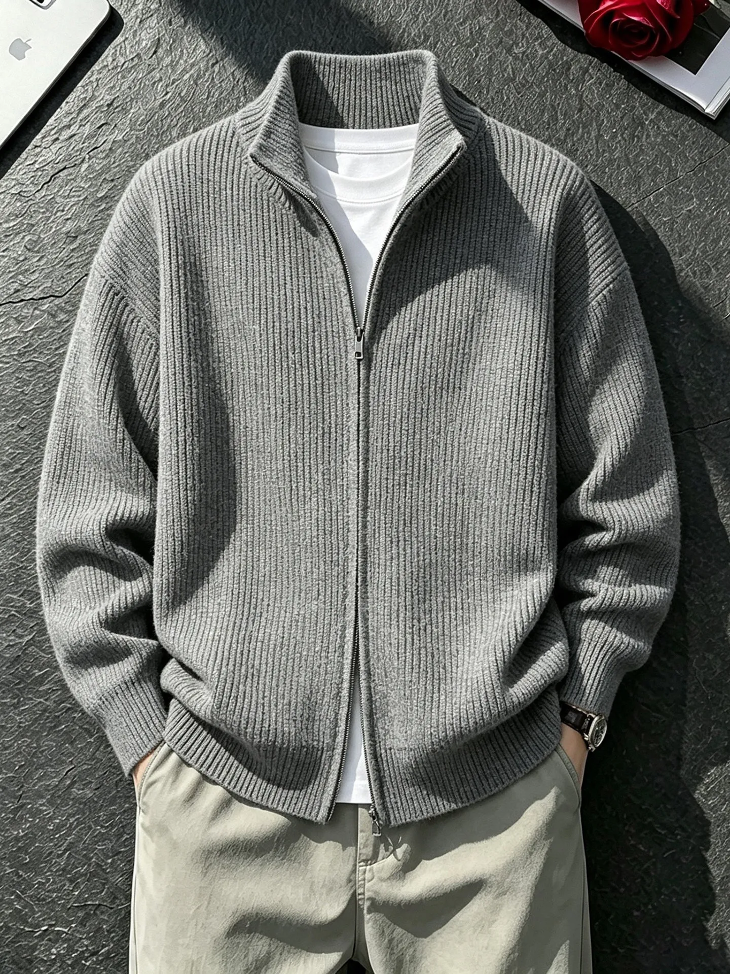 Gray Zipper Cardigan Sweater Men's Autumn Lazy Style Knitted Jacket American High-End Collar Couple's Jacket Long Sleeve Warm