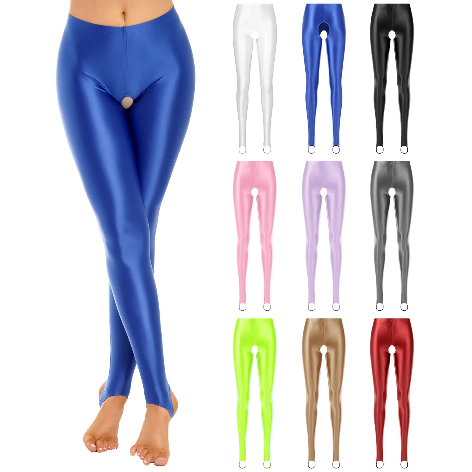 Women Sexy Stockings Glossy Open Crotch Leggings Stretchy Smooth Mid Waist Elastic Waistband Skinny Pants for Lingerie Nightwear