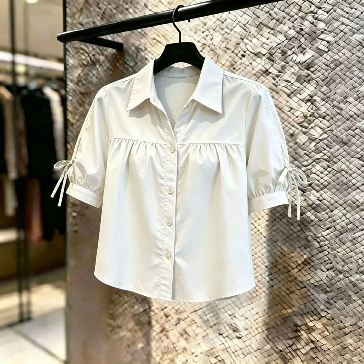 Fashionable Thin Short Sleeve Shirt for Small Stature Women  Knot Loose Fit Summer New Style Top  Collar Other M...