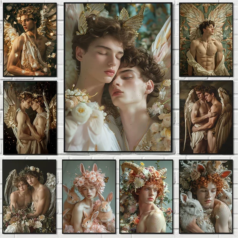 Two European Boys Wearing Wings Poster Handsome Gay Boy Love Prints Canvas Painting for Wall Art Living Room Home Decor Mural