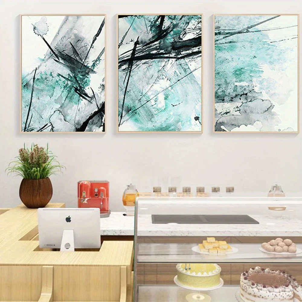 2D Flat 3pcs Unframed Panel Set Style Abstract Black and Light Blue Light Green Ink Painting Canvas Print Wall Poster Living