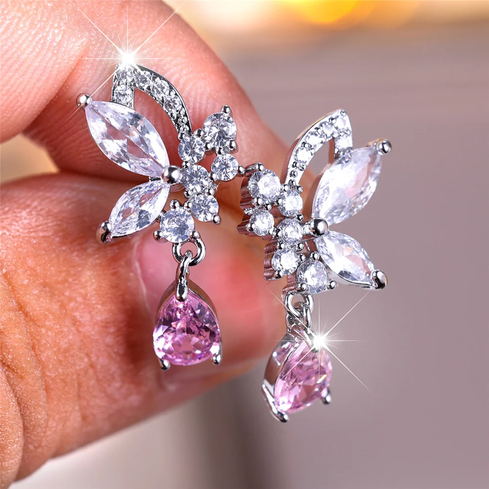 Cute Female Pink Zircon Water Drop Butterfly Stud Earrings Silver Color Wedding Jewelry For Women