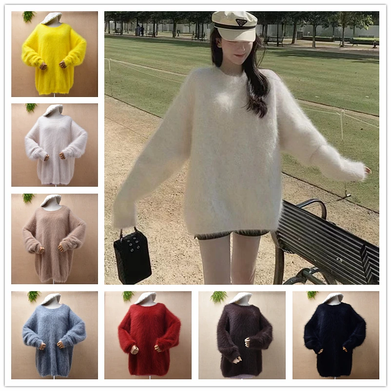 Elegant casual ladies women 100% mink cashmere knitted o-neck long batwing sleeves loose lazy oaf angora fur jumper sweater pull