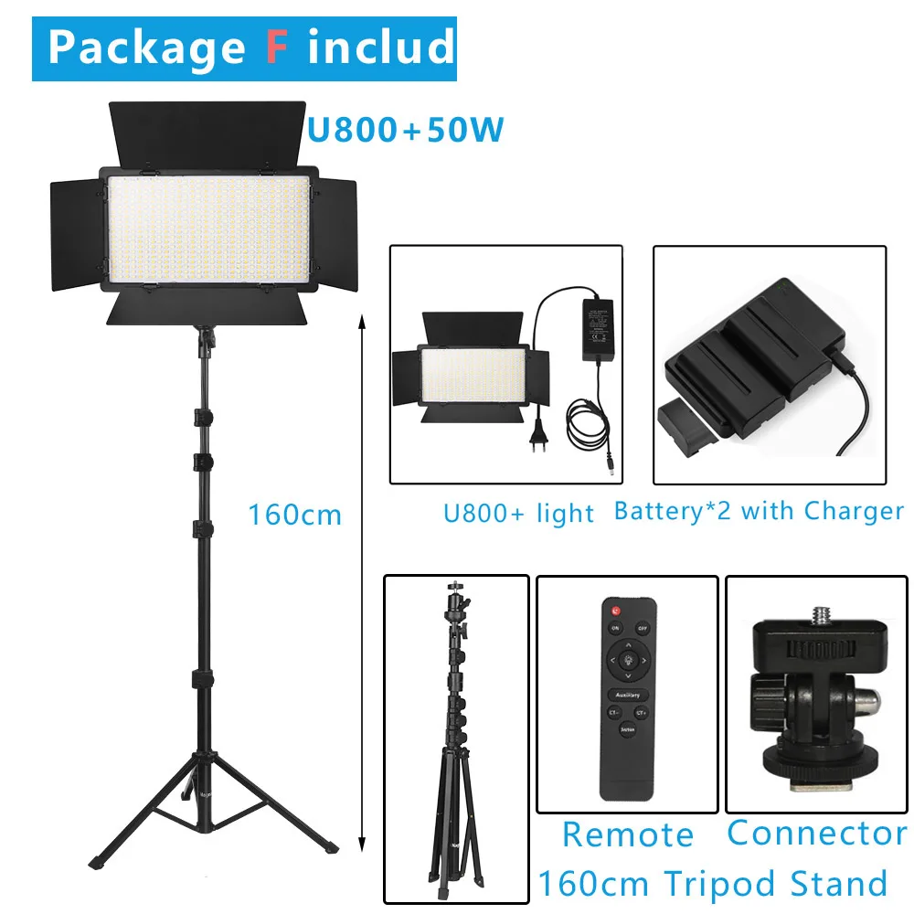 New! U800+ LED Video Light Photo Studio Lamp Bi-Color 2500K-8500k Dimmable with Tripod Stand Remote for Video Recording Para