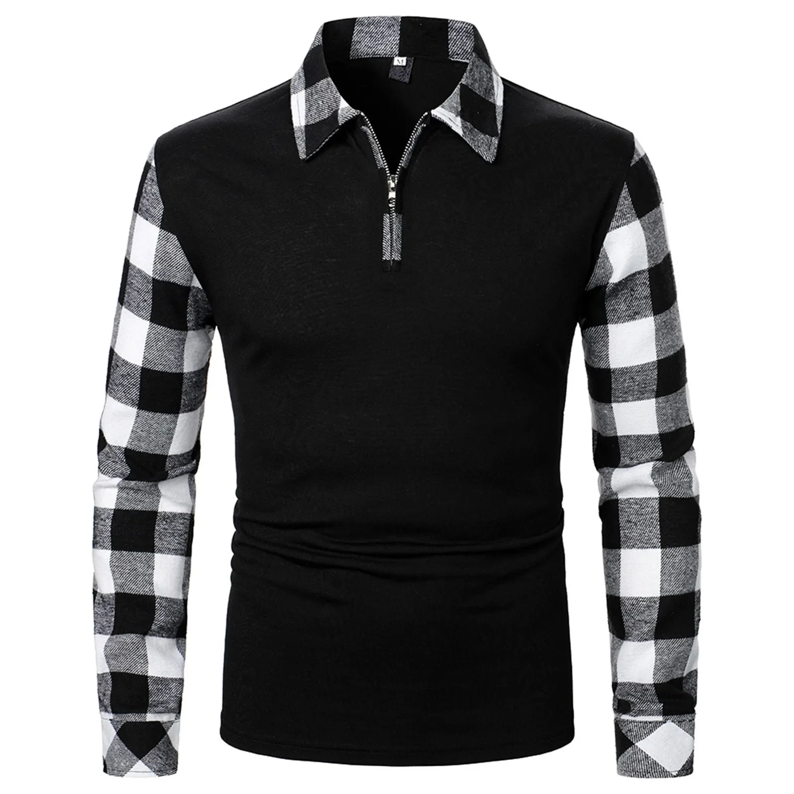 

Men's Lapel Zipper Shirt Long Sleeve Business Pullover Tops Formal Work Plaid Splice Tee Casual Shirts For Men Regular Fit