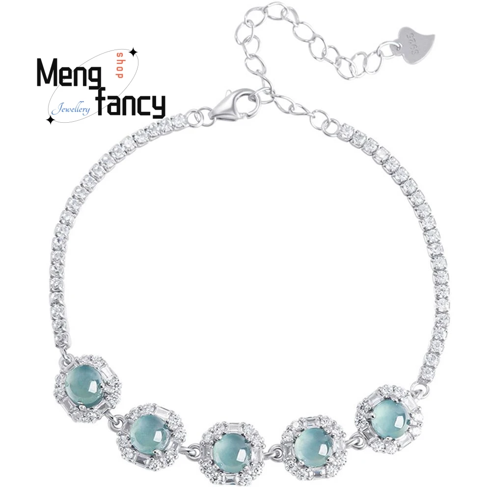 Natural A-goods Jadeite Blue Water Egg Surface Princess Bracelet S925 Silver Inlaid Ice Jade High-grade Elegant Fashion Jewelry