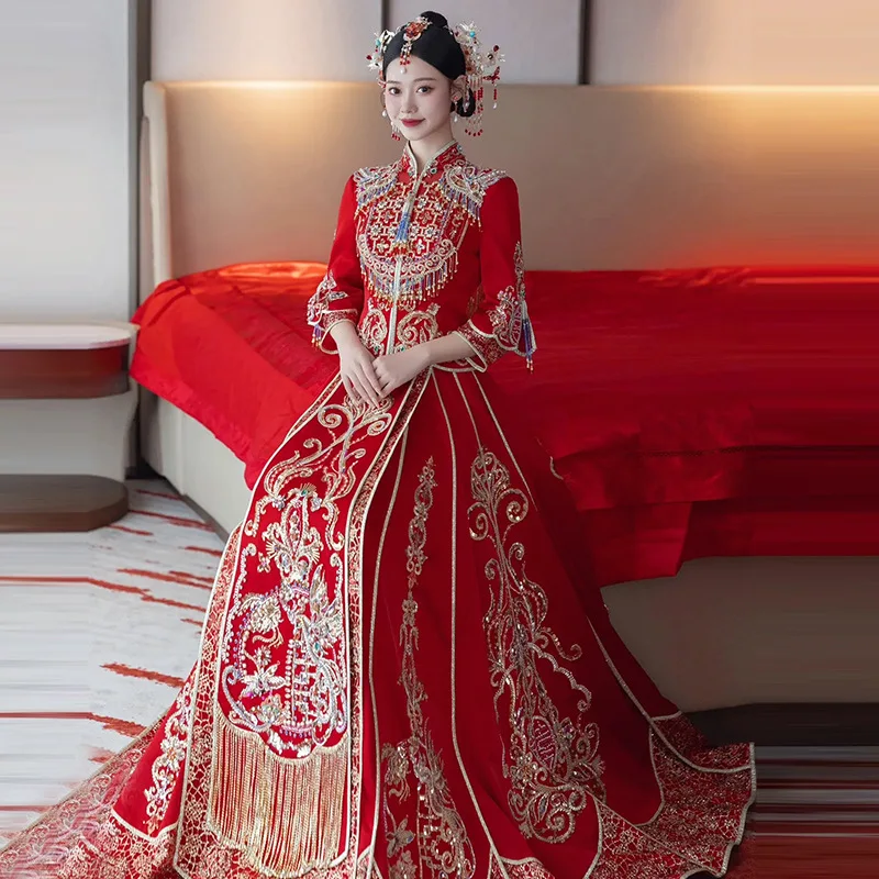 

Xiuhe Bridal Chinese Wedding Dress Wedding Dragon Phoenix Gown Toasting Dress Heavy Industry Show Kimono