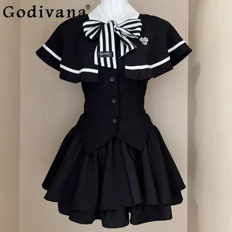 

Women Fashion Two Piece Set Summer College Style Shawl Fake Two Piece Top Black Skirt Outfits Female Lolita Skirt Suits