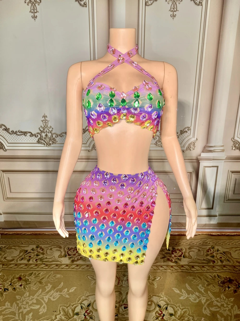 Sexy Evening Birthday Celebrate Colorful Rhinestones Crop Top Skirt Two Pieces Set  Sparkly Performance Dance Costume Stage Wear