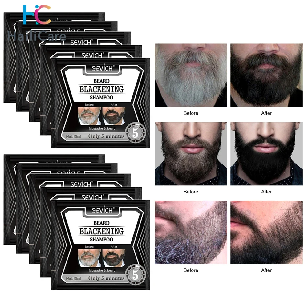 Champú de barba negra para hombres, tinte de pelo instantáneo de 5 piezas, colorante de barba Natural, ennegrecimiento temporal, champú de bigote, lavado conveniente