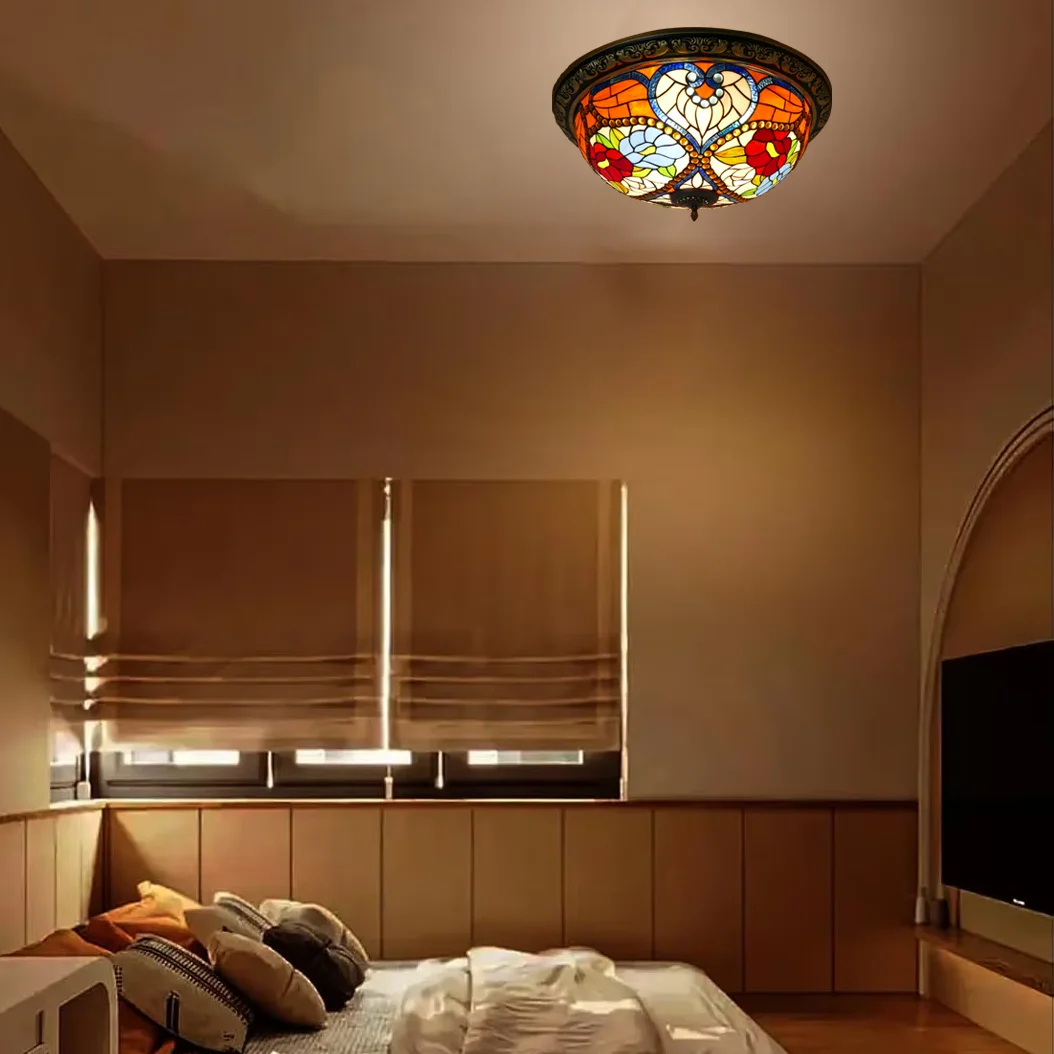 #@American Countryside Modern Creative Bar Counter Corridor Colored Glass Ceiling Light Tiffany Style LED Bedroom Study AC Power