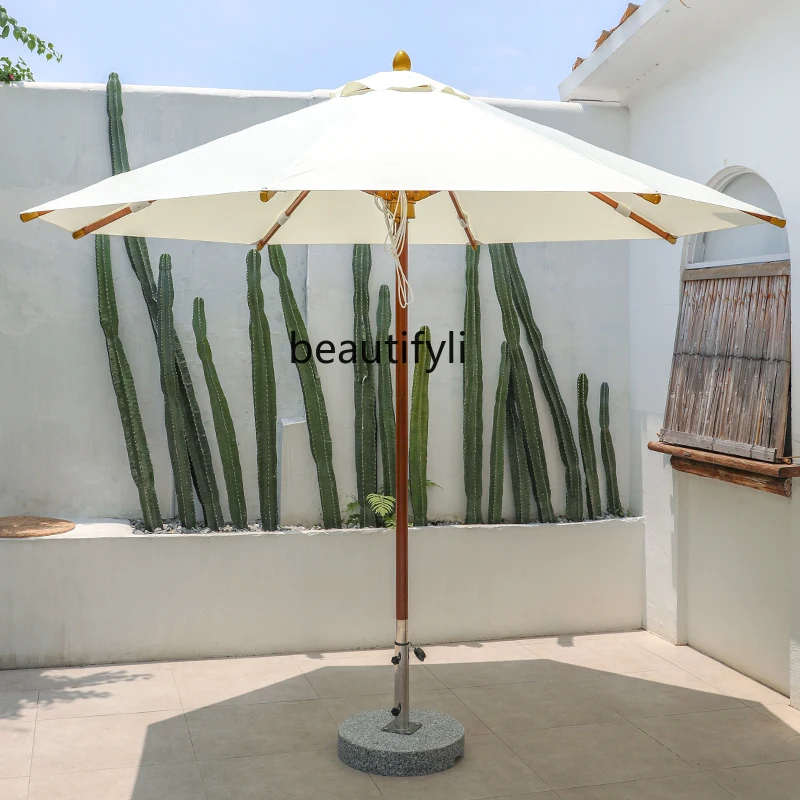 High-End Outdoor Central-Column Umbrella Teak Patio Umbrella Outdoor Roof Garden Umbrella Leisure Solid Wood Commercial