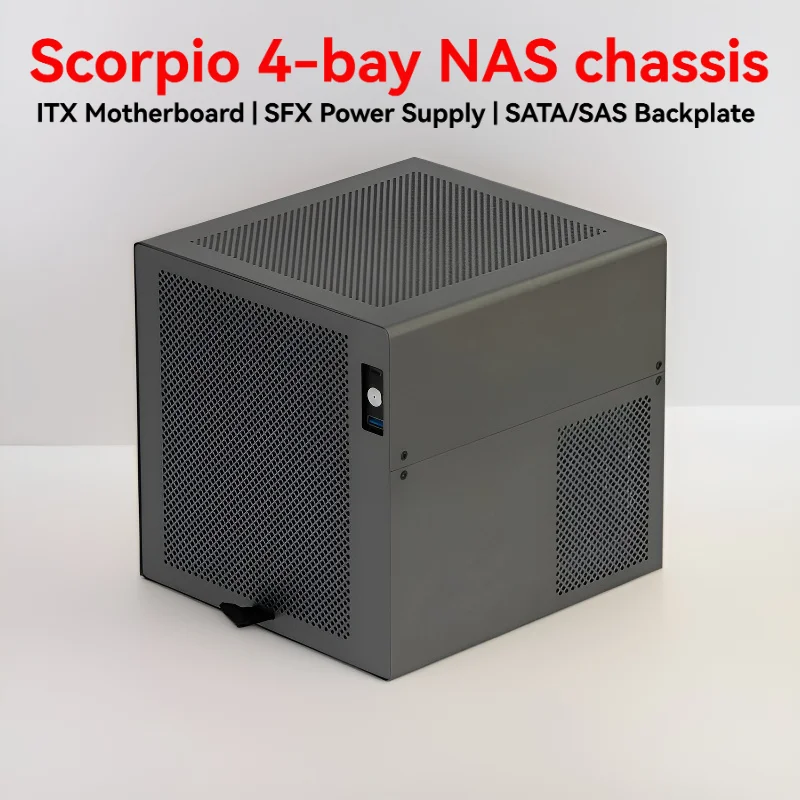 Scorpio 4-Bay NAS case, aluminum CNC process ITX main board hot-swappable hard drive bracket, support SATA/SAS