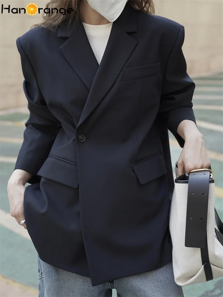 HanOrange 2026 Winter Fashion Slanted Front Back Slit Blazer Women Loose Stylish Suit Jacket Black